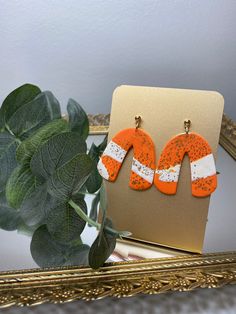 an orange and white pair of earrings sitting on top of a table next to a potted plant