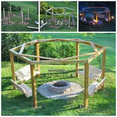 several pictures of different types of outdoor furniture in the yard, including a fire pit and swings