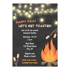 a black and orange fire birthday party card with string lights on the strings, which reads happy fall let's get toasted