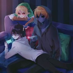 three anime characters sitting on top of a bed