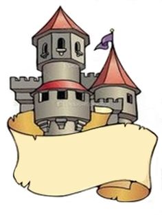 an old castle with banner and scroll on white background stock photo, a picture of an old