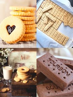 some cookies and biscuits are sitting on a table with chocolates in the shape of letters