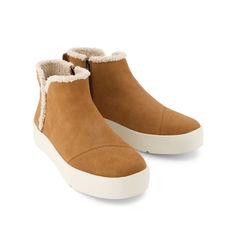 Verona Mid Brown Suede Faux Shearling Sneaker | TOMS Womans Toms Boots, Toms Boots Women, Cold Weather Casual Shoes, Warm Winter Work Shoes, Toms Reese Bootie, Mental Health Resources, Brown Sneakers, Leather Products, Platform Sneaker