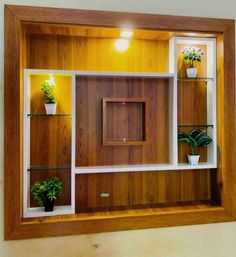 an empty wooden shelf with plants in it and some lights on the wall next to it