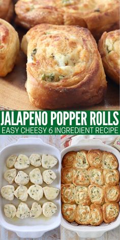 different types of appetizers are shown in this collage with the words jalapeno popper rolls and easy cheesy 6 ingredient recipe