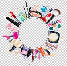 cosmetics and makeup products arranged in the shape of a circle with space for your text