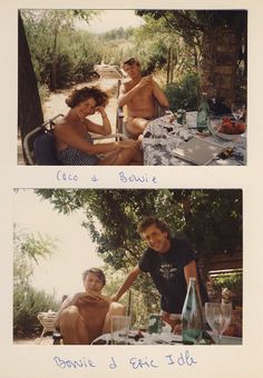 two pictures of people sitting at a table with wine bottles and glasses on it, one has his shirt off