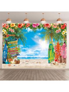 an image of a beach scene with surfboards and flowers on the wall in front of it