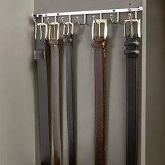 a wall mounted belt rack with four belts hanging from it's sides and two hooks on each side