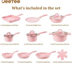 pink pots and pans are shown with instructions for how to use them in the kitchen