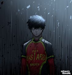 an anime character standing in front of a wall with rain falling down on it's surface