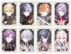 nine anime characters with different colored hair and hairstyles, all holding swords in their hands