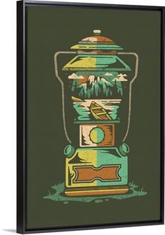 a green and yellow poster with an image of a lantern in the middle of it