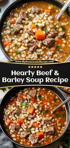 two bowls of hearty beef and barley soup