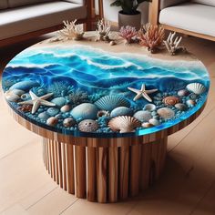 a coffee table with seashells and starfish on it