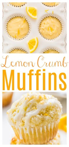 lemon crumb muffins with frosting and orange slices