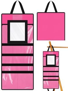 a pink and black bag is hanging from a clothes rack with two mirrors on it