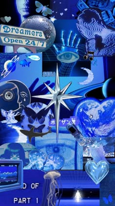 an artistic collage with blue and white items in the shape of a star, jellyfish, seaweed, jellyfish