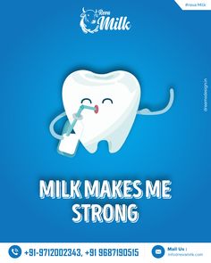 an advertisement for milk makes me strong with a cartoon tooth holding a bottle in it's mouth