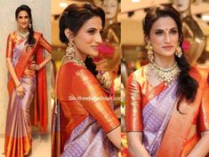 Shilpa Reddy, Lavender And Orange, Traditional Silk Saree, Indian Bride Outfits, Silk Saree Blouse Designs, Saree Blouse Patterns