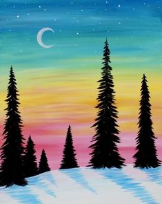 a painting of trees in the snow at night with a moon and stars above them