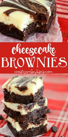 cheesecake brownies are stacked on top of each other