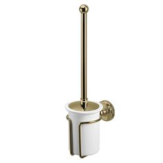 a toilet paper holder with a gold colored handle and white porcelain cup on the bottom