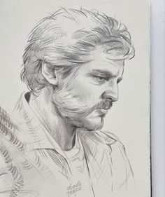 a pencil drawing of a man with long hair and beard looking to his left side