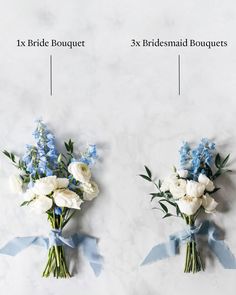 two bridal bouquets with blue and white flowers are shown in three different positions