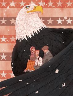 an eagle with three people sitting on it's back and stars in the background