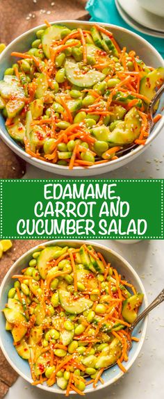 two bowls filled with carrot and cucumber salad