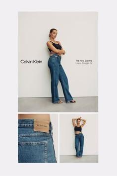 the model is posing in jeans with her hands on her hips