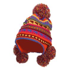 Girl's Striped Pom Ski Beanie Multicolor Acrylic Hats For Cold Weather, Playful Winter Bonnet Cap, Adjustable Acrylic Winter Hat, Playful Hats For Cold Weather, Playful Warm Hats For Fall, Playful Multicolor Hats For Cold Weather, Adjustable Fun Crochet Hat For Winter, Playful Red Winter Hat, Multicolor Winter Cap