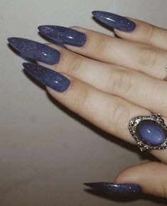 Coffin Dark Nails, Blue Fall Acrylic Nails, Hot Almond Nails, Pretty Dark Nails, Dark Tone Nails, Wintry Nails, Dark Fae Nails, Prom Nails Almond, Pointy Blue Nails