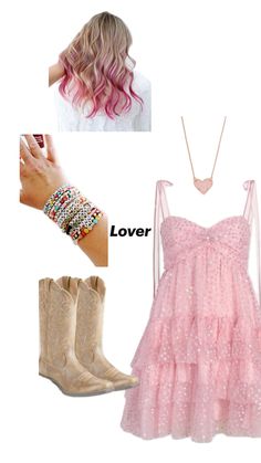 a pink dress, cowboy boots and necklace