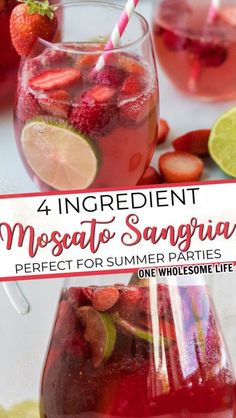 two glasses filled with sangria and strawberries on top of a table next to limes