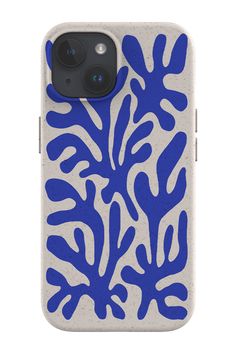 an iphone case with blue and white corals on the front, against a white background