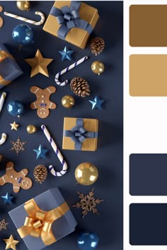 the color scheme is blue, gold and white with christmas presents on it's side