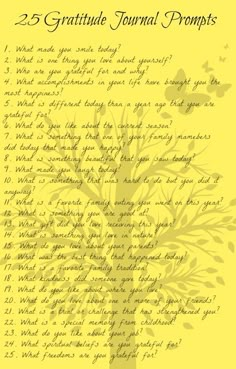 a yellow card with the words 25 gratitude journal prompts on it and a tree