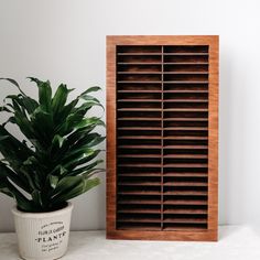 a potted plant next to a wooden shuttered window on a white table top