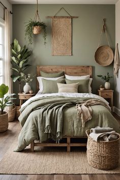 a bed sitting in a bedroom next to a wooden table and potted plants on the wall