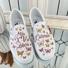 Beautiful customer vans with butterflies. All designs handmade and embellished with a variety of high quality crystals. Good for birthdays, wedding, or other special occasion, these are sure to get attention. Designs and Texts *You can choose one of our texts in the personalization section or message us with your own words. *If you want a different Color of shoes message me and I will try my best to get them for you. (NEW SHOES GUARANTEED) *Orders are processed and shipped within** 2-3 weeks  NO Quince Shoes Purple, Quince Tennis Shoes, 15 Shoes Quinceanera, Custom Quince Shoes, Quinceanera Shoes Sneakers, Quinceanera Sneakers, Quince Shoes Sneakers, Quinceanera Quotes, Quinceañera Shoes