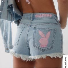 Playboy By Pacsun Pink Bunny High Waisted Festival Denim Short The New Playboy By Pacsun Collection Brings A Pop Of Color To Your Next Look With The Pink Bunny High Waisted Festival Denim Shorts. These Classic High-Rise Shorts Have A Classic Light Blue Wash With A Frayed Hem And Pink Playboy Bunny Graphics Throughout. Fit+ Sizing High Rise 10.5” Rise 2.5 Inseam Fabrication + Care Light Blue Wash Zip Fly Closure 5 Pocket Body Frayed Hem 100% Cotton Machine Washable These Jean Shorts Are Sold Out Y2k Style Denim Bottoms For Summer, Y2k High Waist Summer Bottoms, High Waist Y2k Summer Bottoms, High Waist Y2k Bottoms For Summer, Y2k Style Short Jeans For Summer, Y2k Style Short Summer Jeans, Y2k Denim Blue Jean Shorts For Summer, Y2k Medium Wash Jean Shorts For Summer, Y2k Style Cotton Shorts For Spring