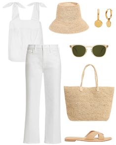 Straw Bags For Summer, Honeymoon Fits, Straw Bag Outfit, Bag Outfit Ideas, Neutral Summer Outfits, Bags For Summer, Cotton Poplin Top, Basket Bags, Bag Outfit