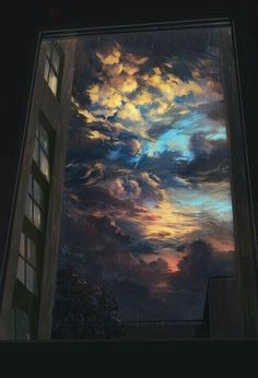 an image of a window with clouds in the sky above it that is lit up at night