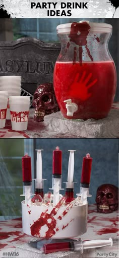 Throw a bloody good Halloween party with Party City! Begin by filling a clear beverage dispenser with a scarlet drink of your choice. Next, create some creepy hands out of ice using our hand mold. Then, give your guest a healthy dose of mystery “medicine” with Party Shooter Syringe Shots. Complete the look with bloody handprint gel decorations and blood-spattered plastic cups. Menu Halloween, Pasteles Halloween, Halloween House Party, Harry Potter Halloween, Adornos Halloween, Adult Halloween Party