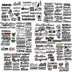 many different types of stickers are shown in this graphic art work, including the words and