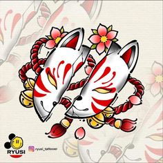 two red and white cats with flowers on their heads are in the shape of hearts