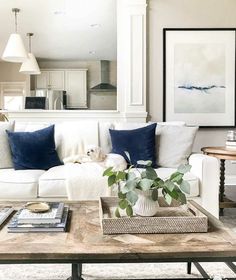 a living room with white couches and blue pillows on the coffee table in front of it