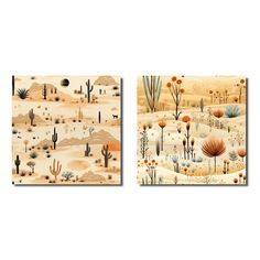 two paintings of desert scene with cactus trees